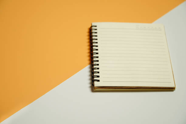 istock minimalist style notepad Overhead close up flat photo of clear spiral notepad with copy holder for halftone isolated design in orange and white 1465877864