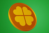 Patrick day. Close-up one gold coin with clover quatrefoil on an isolated background. 3d rendering