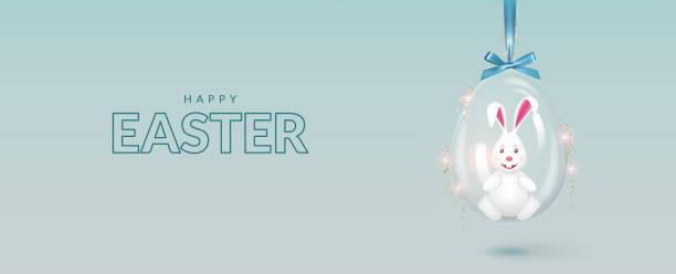 istock Happy Easter background. Transparent glass egg hanging on blue ribbon with bunny and glitter confetti. 1465883089
