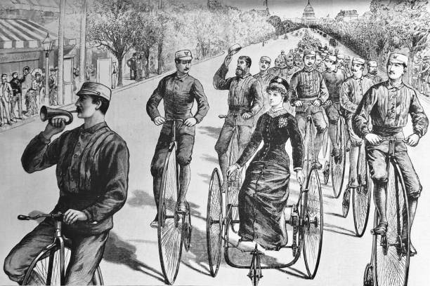 Penny farthing bicycles parade, trumpet player ahead Illustration from 19th century. penny farthing bicycle stock illustrations