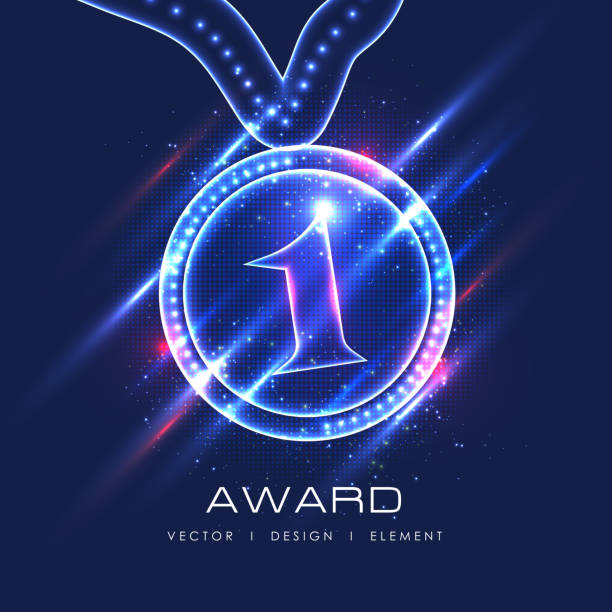 illustrazioni stock, clip art, cartoni animati e icone di tendenza di 1 vincitore della medaglia dei campioni neon. - silhouette trophy sport success