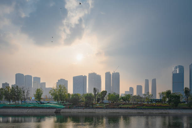 Chengdu Financial City at dusk on a sunny day