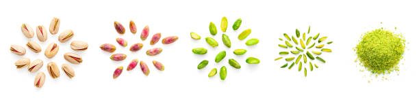 High-Quality Pistachios in Different Forms: Whole, Peeled, Sliced, and Grinded; Isolated on White Background.