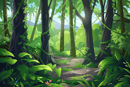 Vector illustration of a beautiful sun lit jungle/rainforest scene with big trees, bushes, lianas and flowers.