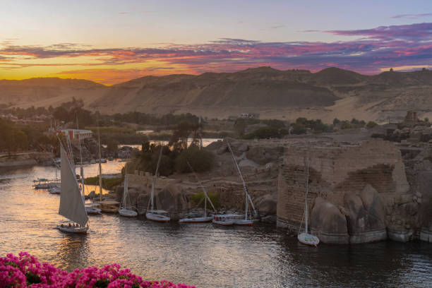 Aswan, Egypt - February 14, 2023: Aswan is a city in Southern Egypt. Aswan is a busy market and tourist centre located just north of the Aswan Dam on the east bank of the Nile at the first cataract. Aswan includes five monuments within the UNESCO World Heritage Site of the Nubian Monuments from Abu Simbel to Philae