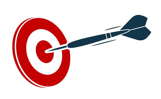 Target hit, dartboard and dart flying to aim, darts competition emblem, achievement concept, vector