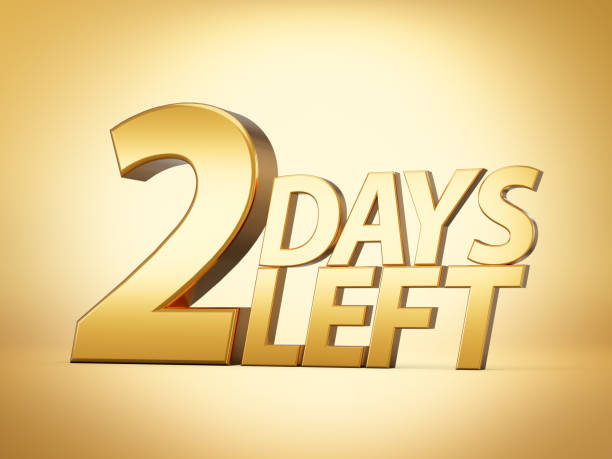 istock Gold shiny 3d 2 days left, Two days left 3d gold text isolated on golden background, 3d illustration 1465900004