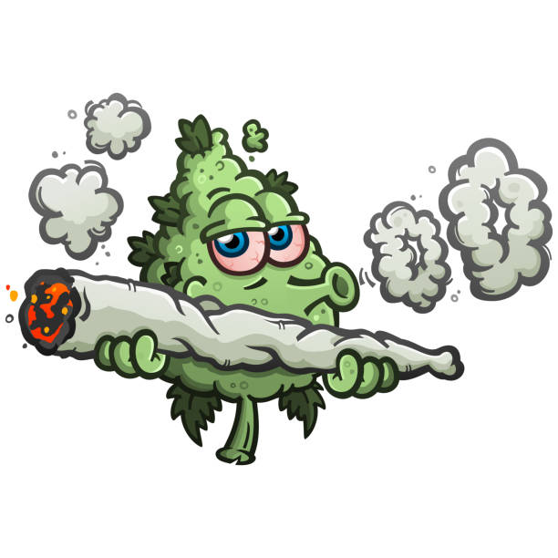 Smoking Marijuana Bud Blowing Smoke Rings Cannabis bud cartoon character smoking a massive joint and blowing smoke rings isolated vector illustration blunts stock illustrations