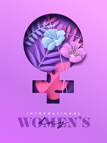 Happy Women Day greeting card illustration. 3D papercut woman symbol with beautiful tropical nature decoration and pink flowers. Paper craft design for international women's event.