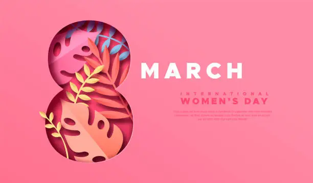 Vector illustration of Happy Women Day 8 march cutout tropical leaf card