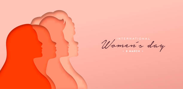 Happy Women Day paper cut woman group banner Happy Women Day greeting card illustration. 3D papercut diverse woman silhouette. Young girl team together for march 8th international women's event. woman on colored background stock illustrations