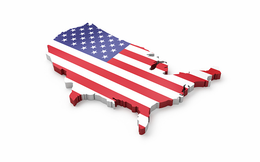 3d Render America World State Border Map, Flag Textured, For all kinds of US concepts, Object + Object Shadow Clipping Path (isolated on white)