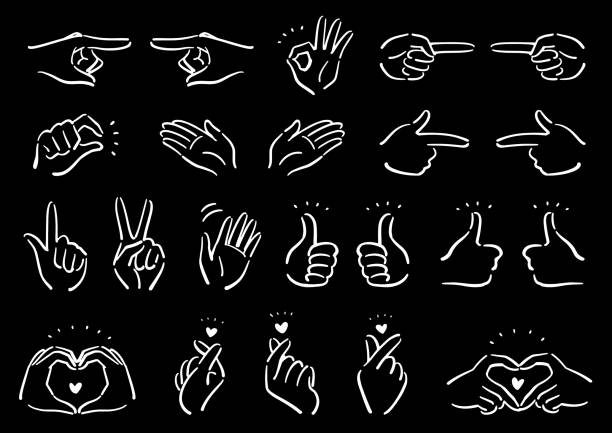 ilustrações de stock, clip art, desenhos animados e ícones de hand sign finger heart icon set (white line version) - human hand on black