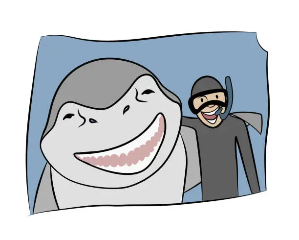 Vector illustration of Cartoon style vector flat illustration. Photo of a shark and a diver hugging and smiling while posing for a photo. Cute funny drawing on the theme of sea recreation