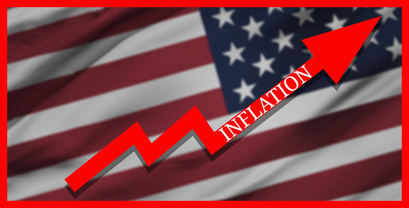 Decline in value of US stocks. Decline in America's GDP growth concept. USA flag. Economic crisis in America.