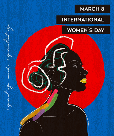 Womens Day greeting card template. Abstract female woman silhouette with red and blue grunge background, line art brush and text. Template design for international women's event, feminism, empowerment and women rights