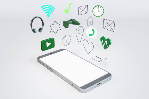 istock Empty white mock up smartphone screen with media and lifestyle icons on white background. Mock up place. 3D Rendering. 1465919461
