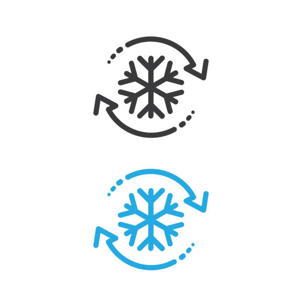 ikona sterowania zamrażarką, automatyczne chłodzenie lub rozmrażanie, kondycjonowanie samochodu lub domu, płatek śniegu z dwiema strzałkami obrotu. - refrigeration cycle stock illustrations