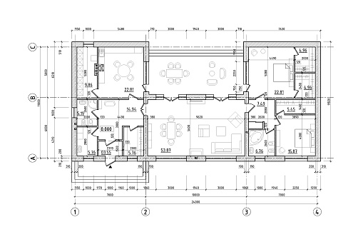 Architectural plan of a one-story manor house with a large terrace. The layout of an individual one-story house with two bedrooms, a kitchen, a living room, two bathrooms, dressing rooms, storage rooms and utility rooms.