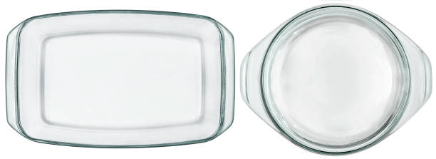 istock Oblong and Round Clear Glass Empty Casserole Baking Pans Isolated on White Background 1465926861
