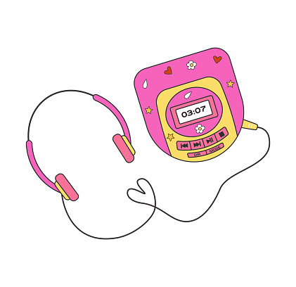 CD player in y2k, 1990s, 1980s graphic design. Comic element for sticker, poster, graphic print, bullet journal cover, card. Bright colors. Flat Vector illustration.