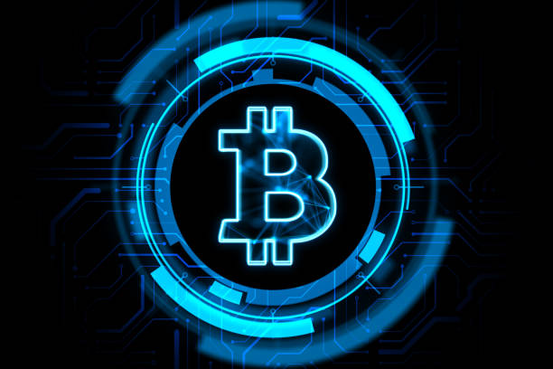 istock Cryptocurrency, online and digital money concept with digital blue bitcoin symbol in microcircuit circle on abstract dark background. 3D rendering 1465929689