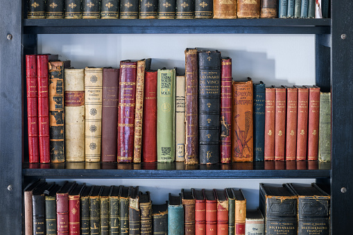 Antique 19th century books in bookshelf