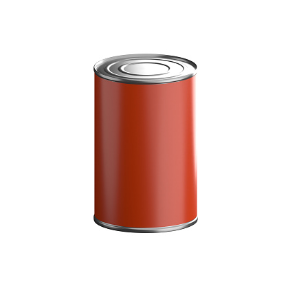 Side view of closed red aluminum or tin can on white background