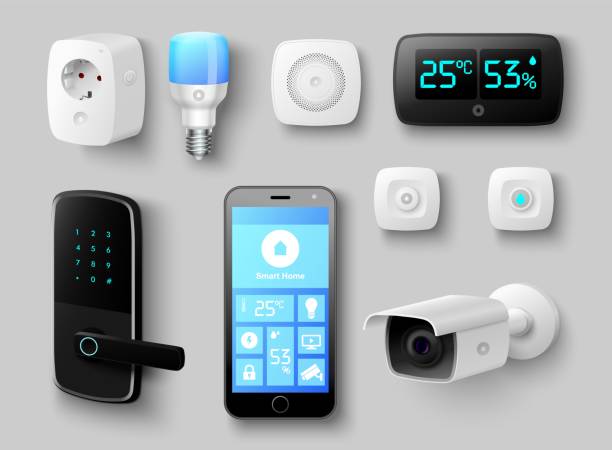 Smart home system icon realistic vector set Smart home system icon. Realistic vector control panel, thermostat sensor, socket, light bulb, smartphone, video surveillance camera, technology and application for remote management set home automation stock illustrations