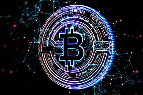 istock Digital money exchange and crypto currency concept with digital blue bitcoin icon on dark technological background. 3D rendering 1465934474