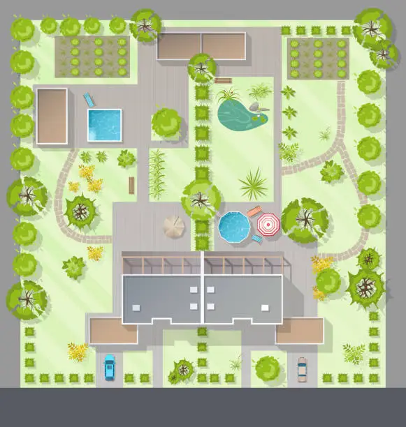 Vector illustration of Landscape design plan top view with house, courtyard, lawn and garage. Highly detailed plan of country with modern duplex cottage, garden, pond, trees, pool. Vector Cityscape, Map of town, village
