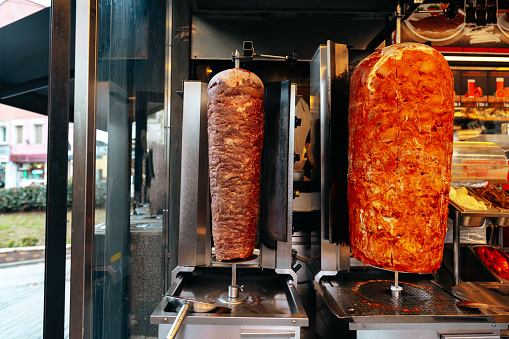 Meat skewer for turkish doner kebab in a restaurant in Istanbul close up