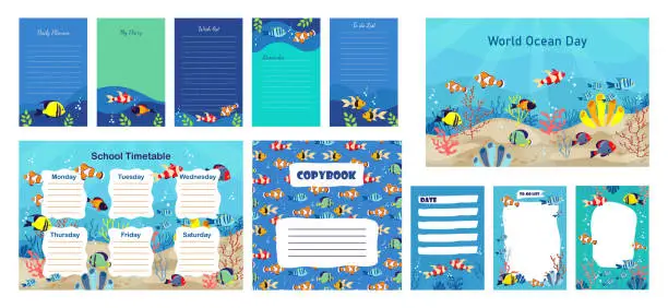 Vector illustration of Big set of vector templates planner, to do list, marine design exotic fish. Organizer of the school timetable lessons sea of ​​life flat style