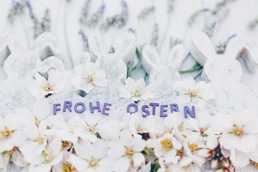 Close up of bright wooden vintage easter bunny shapes with almond blossoms and lavender and purple German lettering Frohe Ostern. Color editing with added grain. Very selective and soft focus. Part of a series.