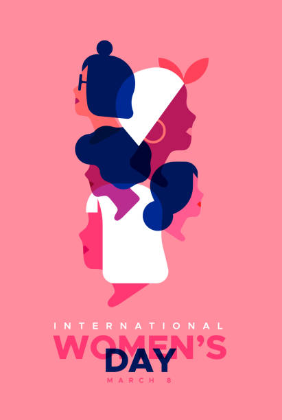 Women's Day pink diverse woman face card International Women's Day greeting card illustration. Diverse pink women faces together for woman rights event on march 8. Modern flat cartoon style design. day stock illustrations