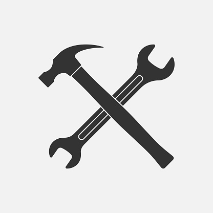 Repair service symbol. Crossed hammer and wrench graphic sign. Working tools sign isolated on white background. Vector illustration