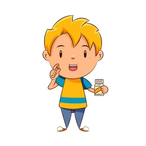 Vector illustration of Kid taking vitamins, child holding pill bottle