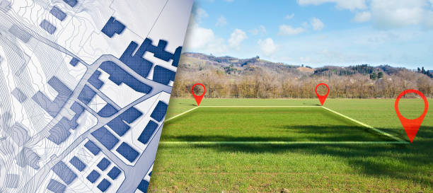 istock Land plot management - real estate concept with a vacant land and lone tree on a wheat field available for building construction in a residential area for sale and imaginary cadastral map 1465943783