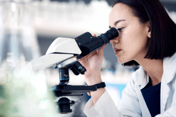 istock Microscope, scientist or woman with research, medical cure or check sample data in laboratory. Asian female, researcher or employee analyzing result, scientific method or lab equipment for innovation 1465943971