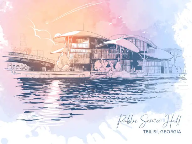 Vector illustration of Public Service Hall building and Kura river embankment in Tbilisi, Georgia