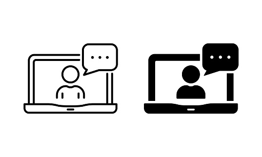Video Conference on Laptop Silhouette and Line Icon Set. Online Web Business Chat on Computer Pictogram. Virtual Communication Meeting. Work from Home. Editable Stroke. Isolated Vector Illustration.