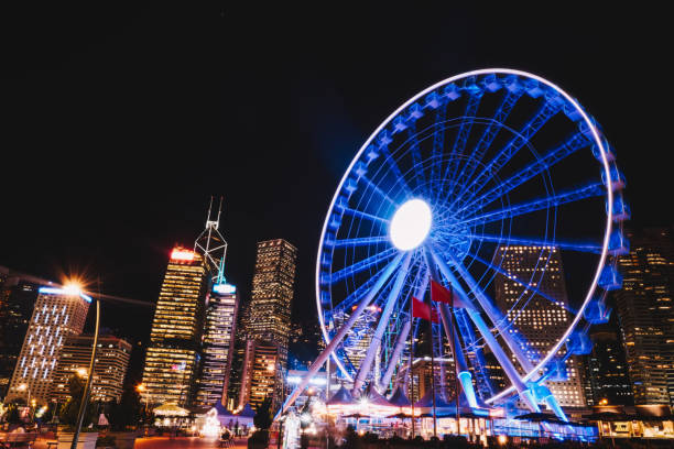 istock Glowing Ferris wheel in night city 1465952109