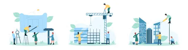 Vector illustration of Architect job set, tiny people drawing paper blueprint, working with construction crane