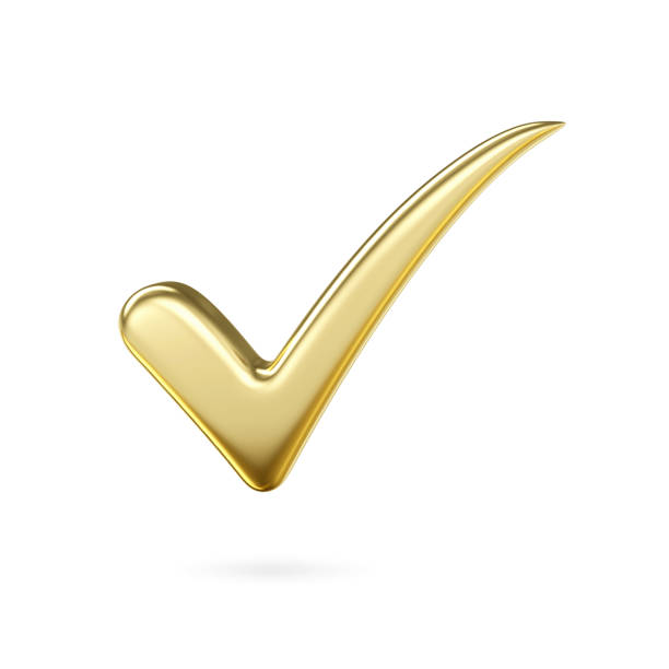 3d gold metal check mark icon. check list button choice for right, success, tick select, accept, agree on application, 3D rendering stock photo
