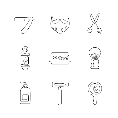 Barber shop artistic style continuous line icon set. Editable stroke.