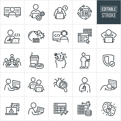 A set of software developer icons that include editable strokes or outlines using the EPS vector file. The icons include a software developer developing software using two computer monitors, computer programmer with laptop and cogs, software programmer with head in hands exhausted from working late on project, software development lifecycle, website development, web site developer at computer coding, Coder writing code on laptop while drinking coffee, website development, computer programmer sitting at computer with hands behind head, three software developers sitting at table coding on laptops, cup of coffee and doughnut, computer engineer with code coming from his brain, website developer at stand up desk working on computer, software security, computer bug, software developer asleep at computer, software design, software programming, computer database and other related icons.