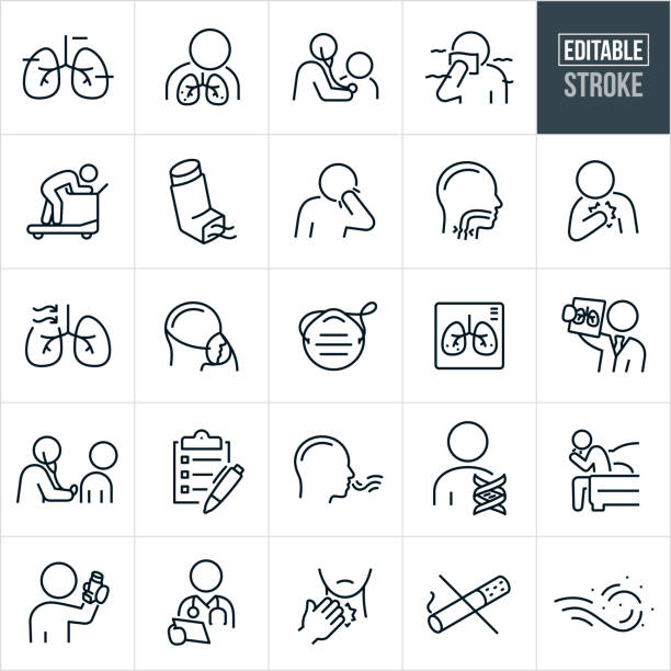 Asthma Thin Line Icons - Editable Stroke - Icons Include Human Lungs, Air Pollution, Exhaustion, Inhaler, Coughing, Chest Tightness, Symptoms, Asthma Triggers A set of asthma icons that include editable strokes or outlines using the EPS vector file. The icons include a pair of human lungs, person with asthma, doctor using a stethoscope to check the breathing of a patient with asthma, person with asthma holding a cloth over nose and mouth because of air pollution, person hunched over in exhaustion at treadmill because of asthma, asthma inhaler, person with asthma coughing, person experiencing asthma attack, throat closing during asthma attack, person with chest or lung pain from asthma attack, human lungs with air flowing into them, person on oxygen, face mask, x-ray of a pair of human lungs, doctor reviewing the x-rays of a patients lungs, person breathing in fresh air, genetic pre-disposition to asthma, person in bed coughing, person holding up inhaler, doctor reviewing patient chart, no smoking sign and airborne pet dander or dust that triggers and asthma attack. feeling sick clip art stock illustrations