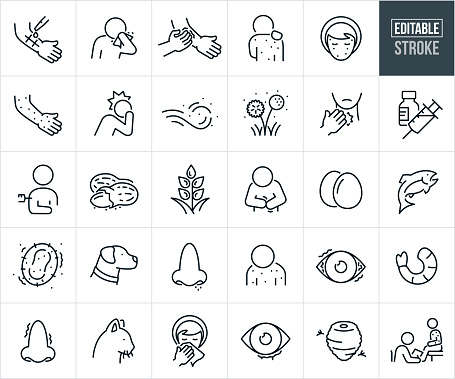 A set of allergies icons that include editable strokes or outlines using the EPS vector file. The icons include an arm receiving an allergy prick test, person with allergies sneezing into tissue, hand itching arm after allergic reaction, person with rash on back from allergic reaction, woman with allergy rash on face, arm with rash from allergic reaction, person with allergies experiencing a headache, wind carrying dust and other pollens, grass and flower pollen, woman with painful neck due to an allergic reaction, allergy shot, person receiving an allergy shot, peanuts, wheat, person with stomach ache due to a food allergy, eggs, fish, shellfish, shrimp, allergen, mold, dog, cat, pet dander, runny nose, dry read eyes, nose with congestion, woman wiping nose from allergies, watering eyes, wasp and beehive and a medical doctor assessing the allergic reaction of a patient.