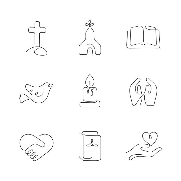 ilustrações, clipart, desenhos animados e ícones de cristianismo estilo artístico ícones de linha contínua. traçado editável. - cross shape cross heart shape jesus christ