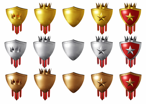 Warranty reward medal, knight defence armour, king crown guarantee star emblem. 3D shield medieval asset